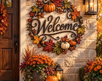 Fall Welcome Metal Wall Sign, Pumpkin Autumn Door Decor, Maple Leaf Porch Wall Art, Rustic Thanksgiving Decor, Harvest Home Sign