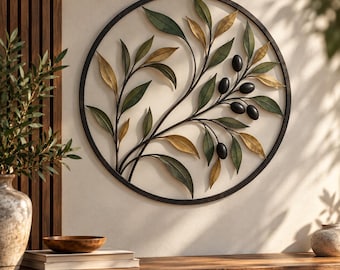 Olive Branch Metal Wall Art, Mediterranean Botanical Decor, Round Olive Tree Wall Sculpture, Tuscan Kitchen Decor, Nature Lover Gift