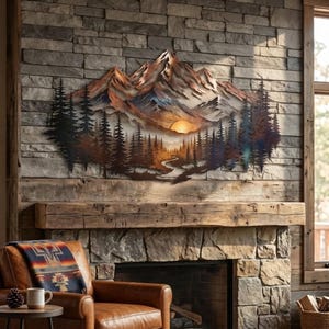 Arte de parede em metal com tema de montanha, decoração rústica de paisagem montanhosa, peça decorativa de parede em metal com tema de floresta, decoração de parede para cabana, arte inspirada na natureza selvagem.