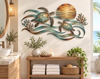 Sea Turtle Metal Wall Art, Coastal Ocean Wall Decor, Turtle and Waves Sculpture, Beach House Decor, Nautical Gift for Turtle Lover