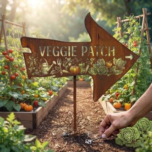 May include: A rust-colored metal arrow sign with the text VEGGIE PATCH, featuring engraved illustrations of a watering can, a fork, a pumpkin, and leafy vegetables. The sign is mounted on a thin metal stake in a garden with raised beds.