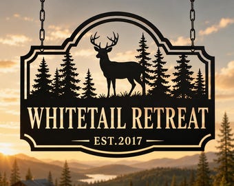 Personalized Deer Cabin Metal Sign, Custom Whitetail Retreat Sign, Rustic Lodge Hanging Decor, Hunter Gift