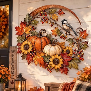 Könnte beinhalten: Ein kreisförmiges Wandbild aus Metall mit zwei Kürbissen, Sonnenblumen, Herbstblättern, roten Beeren und einer auf einem Ast sitzenden Schwarzkopfmeise, gestaltet in warmen Herbstfarben wie Orange, Gelb, Rot und verschiedenen Brauntönen.