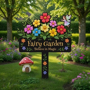 Fairy Garden Sign Believe in Magic Floral Metal Yard Sign Whimsical Outdoor Decor