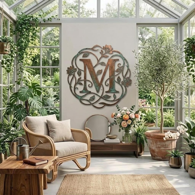 Personalized Monogram Metal Wall Art, Custom Initial Sign, Floral ...