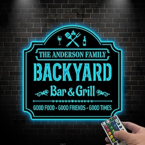 Personalized LED Backyard Bar & Grill Sign – Custom Family Name, Outdoor Patio Bar Decor, BBQ Grill Party Light Sign for Home or Garden