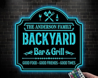 Personalized Grill & Chill LED Metal Sign: Custom BBQ Patio Decor