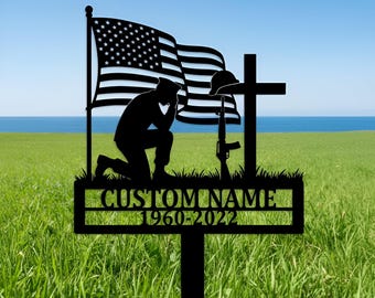 Fallen Soldier Memorial Metal Sign, Military Grave Marker with Cross and Flag, Personalized Veteran Yard Stake, Custom Name Plaque
