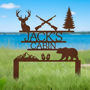 Personalized Cabin Metal Sign – Custom Deer Bear Mountain Lodge Sign for Outdoor Rustic Decor