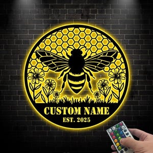 Personalized Honey Bee LED Sign | Custom Metal Bee Decor with LED Light | Custom Garden Sign for Beekeepers & Gardeners | Honey Bee Accent