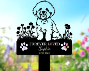 Letrero metálico conmemorativo personalizado para Bichón Frisé – Marcador de tumba personalizado para perro – Decoración de jardín para recordar a tu mascota fallecida con nombre y años