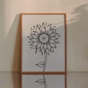 Handgezeichnete Sonnenblume, schwarz weiss, Digital Druck, Kunstdruck, digitale Wandkunst, Instant Download