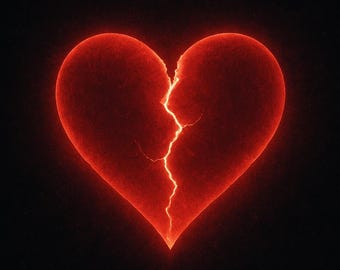 May include: A digitally rendered image of a red heart, split by a jagged crack. The crack is illuminated with a bright, yellow-orange light, set against a black backdrop, symbolising heartbreak.