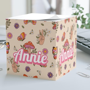 Cubo de notas personalizado con símbolo de la paz de hongo retro, bloque de notas adhesivas personalizado con diseño floral vintage