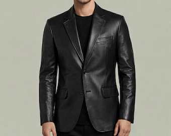 Leather Blazer Men Black Genuine Leather Jacket Tailored Slim Fit Classic Two Button Formal Casual Coat Christmas Gift for Him