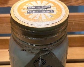 100% Soy Wax 12 Oz Mason Jar Candle Hold On Tight To Your Dreams Fleur De Lis Scent