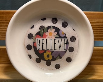 Ceramic Trinket Dish Floral Polka Dot Believe Gift