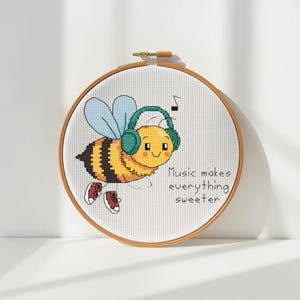 Musical Bee Cross Stitch Pattern - Quirky Cartoon Insect (PDF Download)