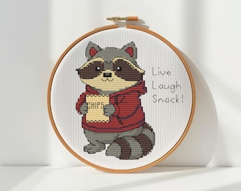 Snacking Raccoon Cross Stitch Pattern, Funny Beginner Animal Design (PDF Download)
