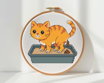 Cat Pooping Funny Cross Stitch Pattern - Cheeky Orange Cat Humor Prank Gift (PDF Download)