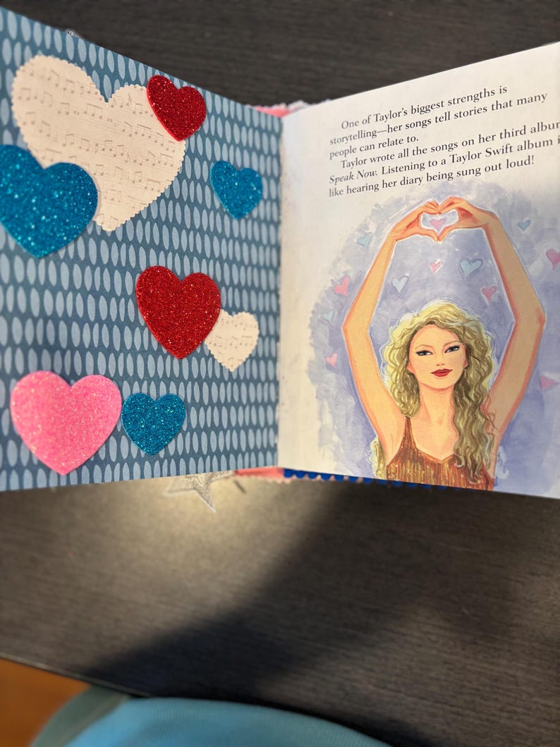Pu&ograve; includere: Libro aperto con una pagina con sfondo blu con ovali bianchi e varie decorazioni a forma di cuore in rosso, blu, rosa e bianco. La pagina opposta presenta un'illustrazione di una donna che forma un cuore con le braccia.