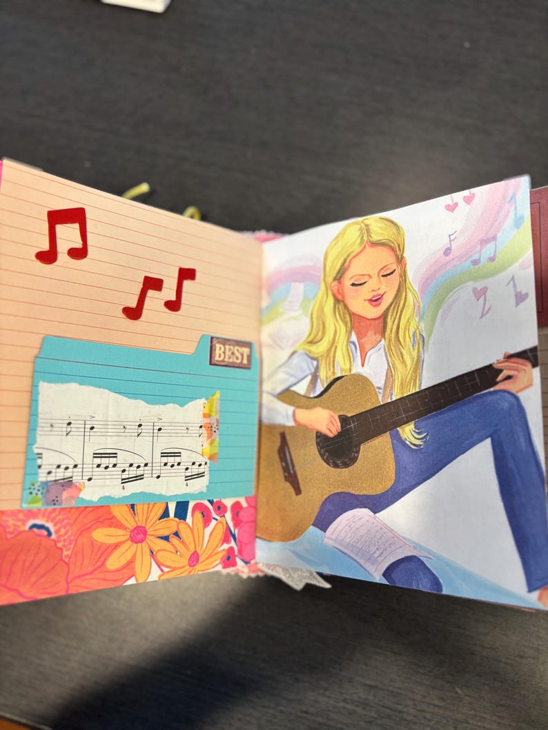 Pu&ograve; includere: Una pagina di diario con un disegno di una persona che suona la chitarra. L'illustrazione mostra una persona bionda con una camicia bianca e jeans blu. Il diario include note musicali e la parola "BEST".