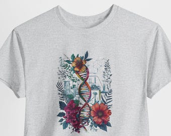 DNA Double Helix T-shirt met bloemen, uniseks T-shirt met wetenschappelijk thema