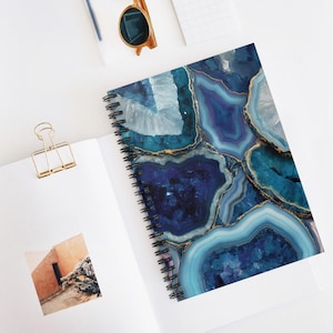 Spiralblock mit Saphir und Goldgeode, liniert, Wissenschafts Journal, Biologie Notizblock, Geschenk Chemie