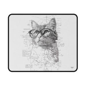 May include: A black and white mouse mat with a detailed illustration of a cat wearing spectacles. The cat is set against a backdrop of mathematical diagrams and equations. The mouse mat has a black border and the text "Midnight Hour" is visible.