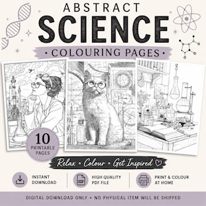 Può includere: Una raccolta digitale di 10 pagine da colorare stampabili intitolate ABSTRACT SCIENCE COLOURING PAGES. Il set presenta illustrazioni in bianco e nero di uno scienziato, un gatto con gli occhiali e un laboratorio con vetreria scientifica.