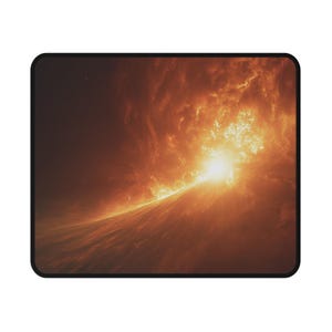 Op de afbeelding: Rechthoekige muismat met een vurige hemelse design. Het kunstwerk toont een heldere zonne-uitbarsting met wervelende oranje en gele wolken tegen een donkere achtergrond. De muismat heeft een zwarte rand.