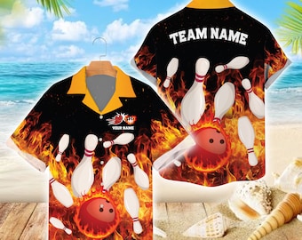 Personalized Bowling Hawaiian Shirt, Custom Name Bowler Button Down Shirt, Flame Matching Bowling Team Shirt, Bowling Lover Gift