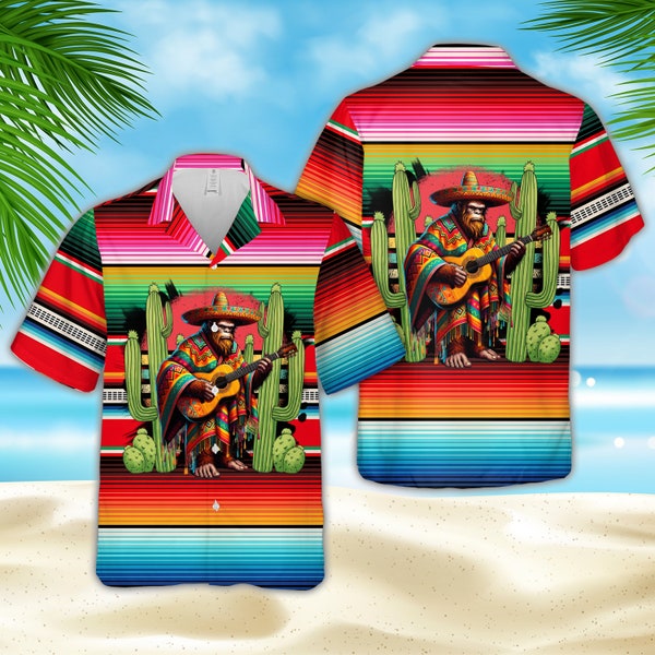 Funny Cinco De Mayo Hawaiian Shirt, Bigfoot Wearing Serape Poncho Button Down Shirt, Mexico Fiesta Party Shirt, Matching Fiesta Squad Shirt