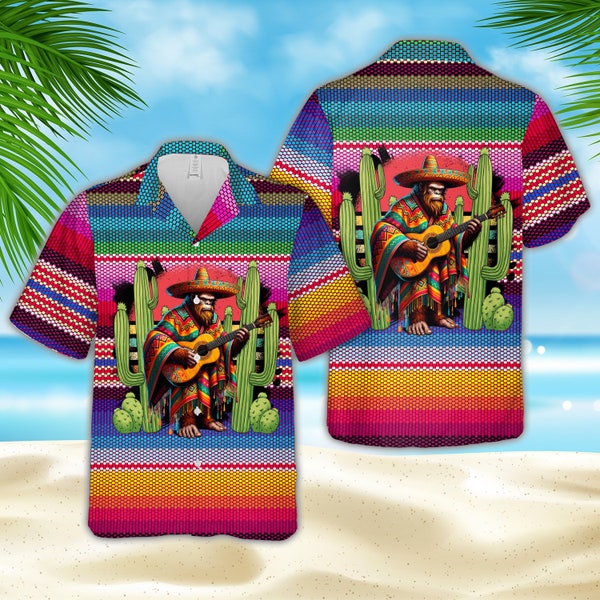 Funny Cinco De Mayo Hawaiian Shirt, Bigfoot Wearing Serape Poncho Button Down Shirt, Mexico Fiesta Party Shirt, Matching Fiesta Squad Shirt