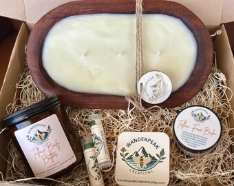 The Ultimate Explorer’s Retreat | Luxury Natural Non Toxic Gift Box | 3-Wick Dough Bowl Candle, Tallow Skincare & Beeswax Chapstick Set