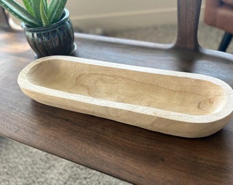 Large Hand Carved Wooden Dough Bowl | Extra Long Rustic Farmhouse Decor | Empty Primitive Wood Bowl for Candles