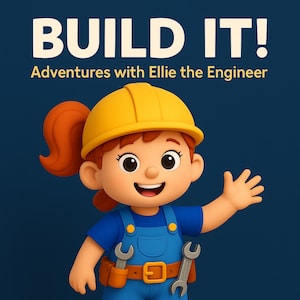May include: A cartoon illustration features a smiling girl wearing a yellow hard hat, blue overalls, and a tool belt. The text "BUILD IT! Adventures with Ellie the Engineer" is displayed in white and gold.