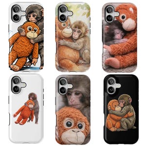 May include: Phone cases featuring various monkey designs. The cases showcase different monkey illustrations, including hugging monkeys and cartoon-style characters. The cases are in various colors, including white, black, and a light beige.