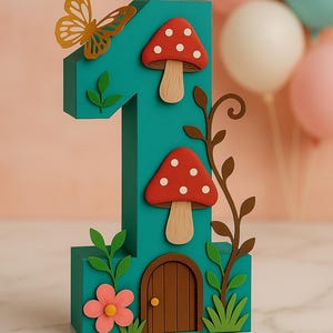 以下が含まれることがあります： おとぎ話がテーマの、ターコイズ色の数字1のデコレーション。赤いキノコのアクセント、蝶、ドア、花と葉のディテールで飾られています。背景には風船が見えます。
