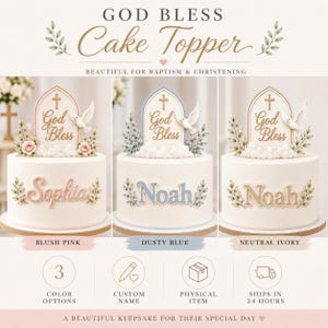 May include: Cake toppers for baptism and christening events. The toppers feature a cross, dove, and floral accents. Available in blush pink, dusty blue, and neutral ivory. Each cake has a personalized name.