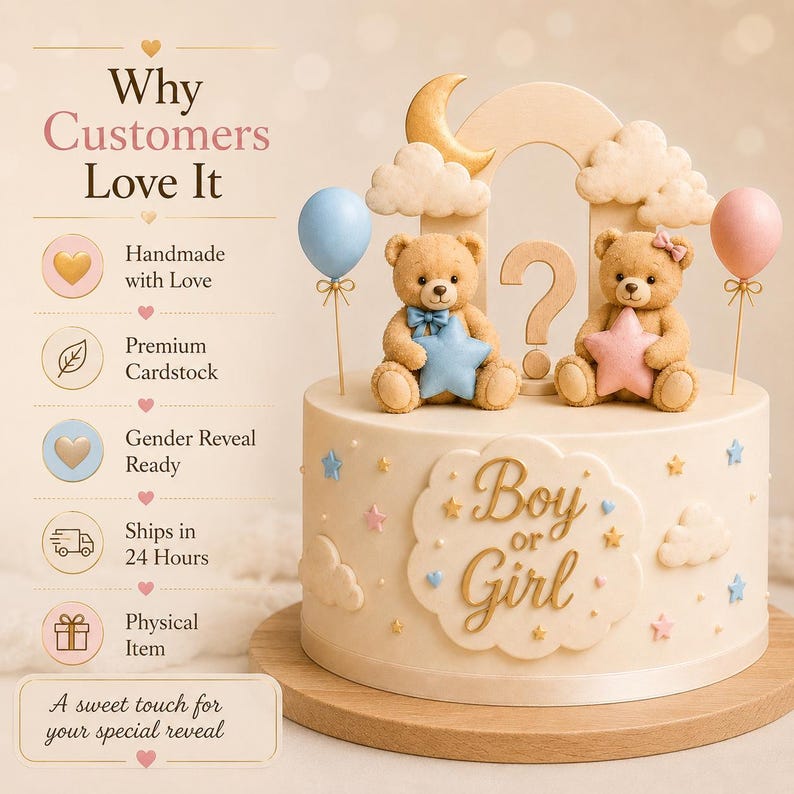 May include: A gender reveal cake with teddy bear toppers holding star-shaped decorations. The cake is decorated with clouds, balloons, and the text "Boy or Girl". The cake sits on a wooden cake stand.