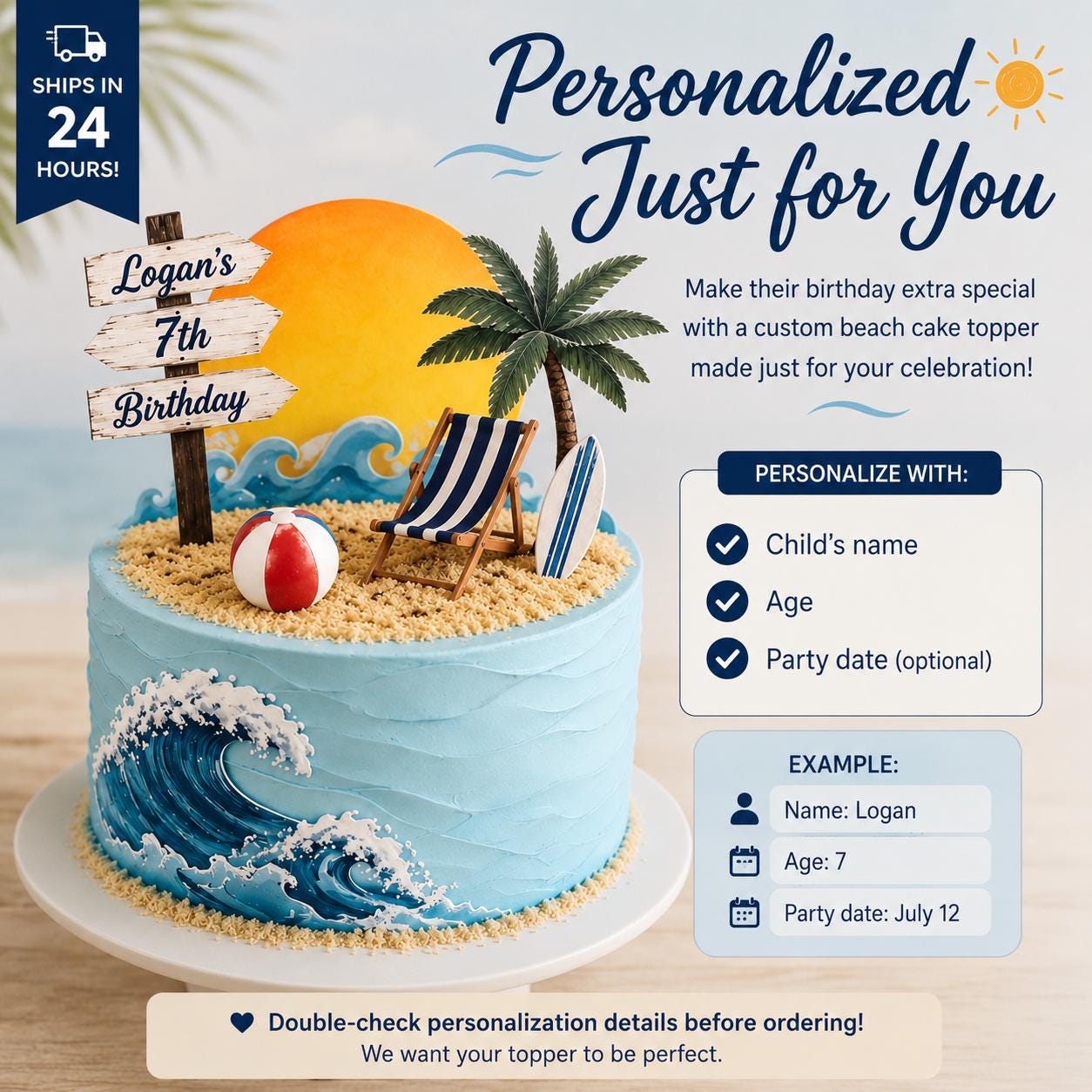 Summer Beach Party Cake Topper | Personalized Birthday Decor | Fast ...