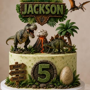May include: A round cake decorated with a dinosaur theme, featuring a green textured finish, a central number 5, and a wooden signpost with the text ROAR, ADVENTURE, and DINO ZONE. Toppers include a T-Rex, a Stegosaurus, a volcano, and a Pterodactyl.
