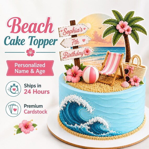 Personalized Beach Birthday Cake Topper, Tropical Coastal Scene Cardstock Decoration | fast shipping