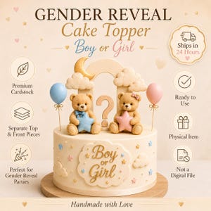 May include: A gender reveal cake topper with teddy bears holding a star and a blue star. The cake is decorated with clouds, a moon, and the text "Boy or Girl". The topper is handmade with love.
