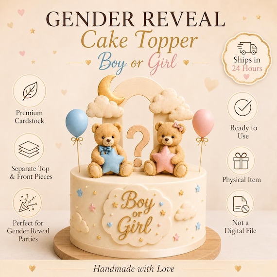 Gender Reveal Cake Topper, Teddy Bear Baby Shower Decor, Boy or Girl Party