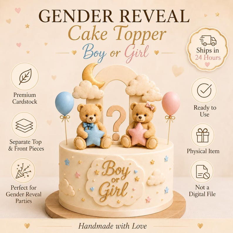 May include: A gender reveal cake topper with teddy bears holding a star and a blue star. The cake is decorated with clouds, a moon, and the text "Boy or Girl". The topper is handmade with love.