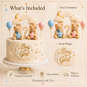 May include: A gender reveal cake with a cream-colored base, adorned with teddy bears holding stars and balloons. The cake features the text "Boy or Girl" and is decorated with star and cloud accents. The cake sits on a white cake stand.