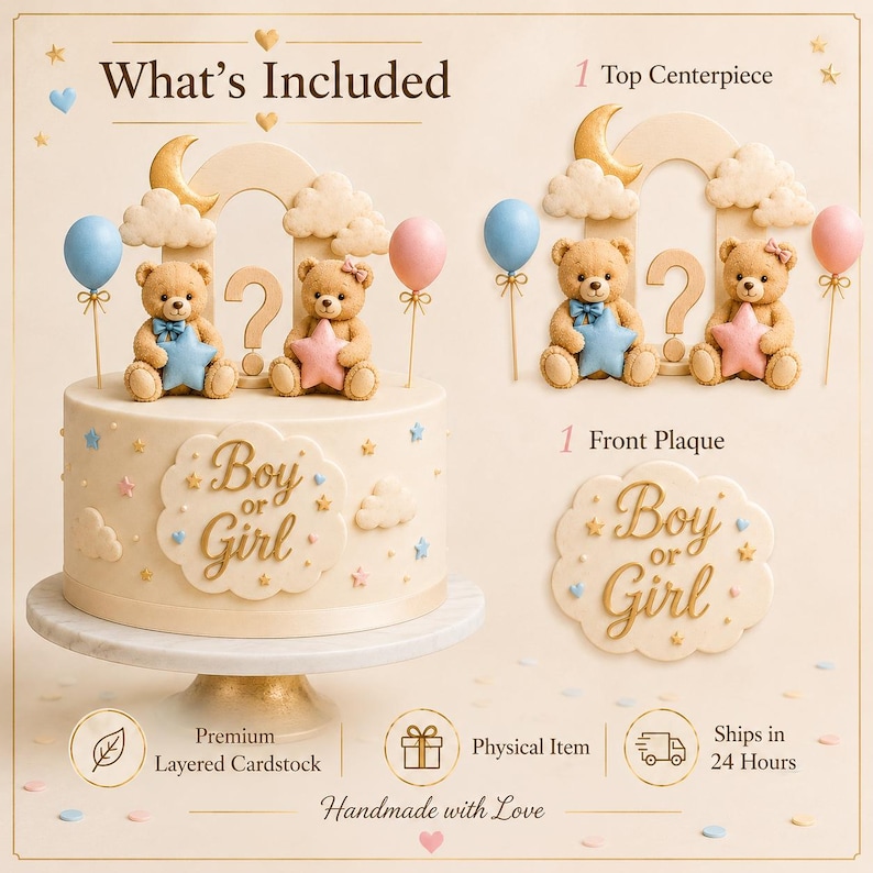May include: A gender reveal cake with a cream-colored base, adorned with teddy bears holding stars and balloons. The cake features the text "Boy or Girl" and is decorated with star and cloud accents. The cake sits on a white cake stand.