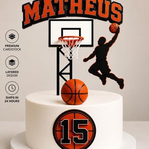 Personalized Basketball Cake Topper | Custom Name, Age, Hoop, Player Silhouette